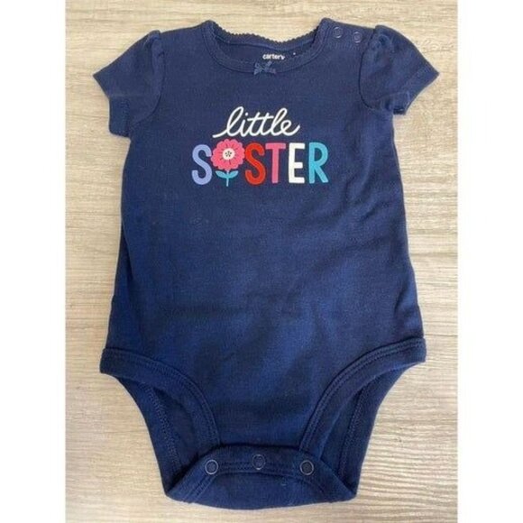 Carter's Baby Girl Bodysuit "Little Sister" Short Sleeve Navy Blue Size 9M - Picture 1 of 2